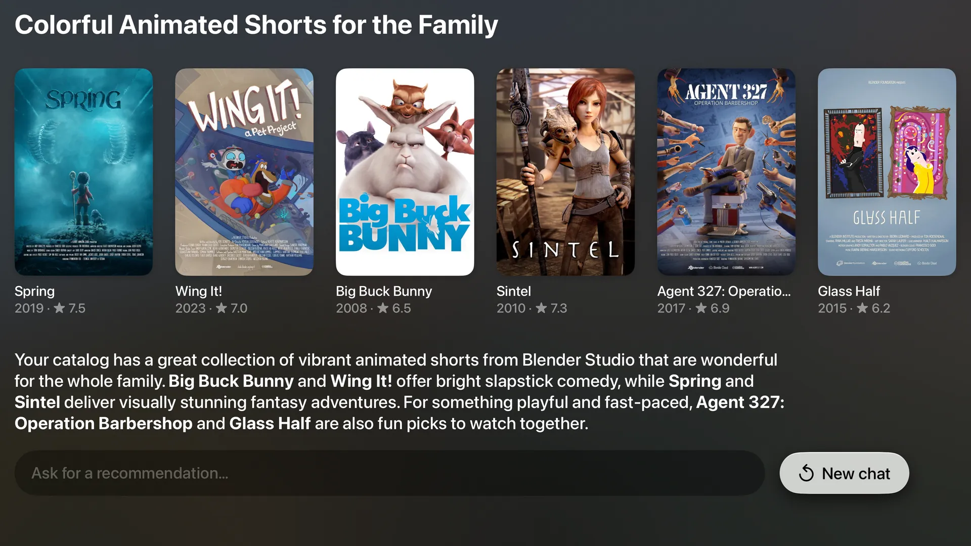 The Assistant answering a request for colorful animated shorts with Spring, Wing It!, Big Buck Bunny, Sintel, Agent 327 and Glass Half