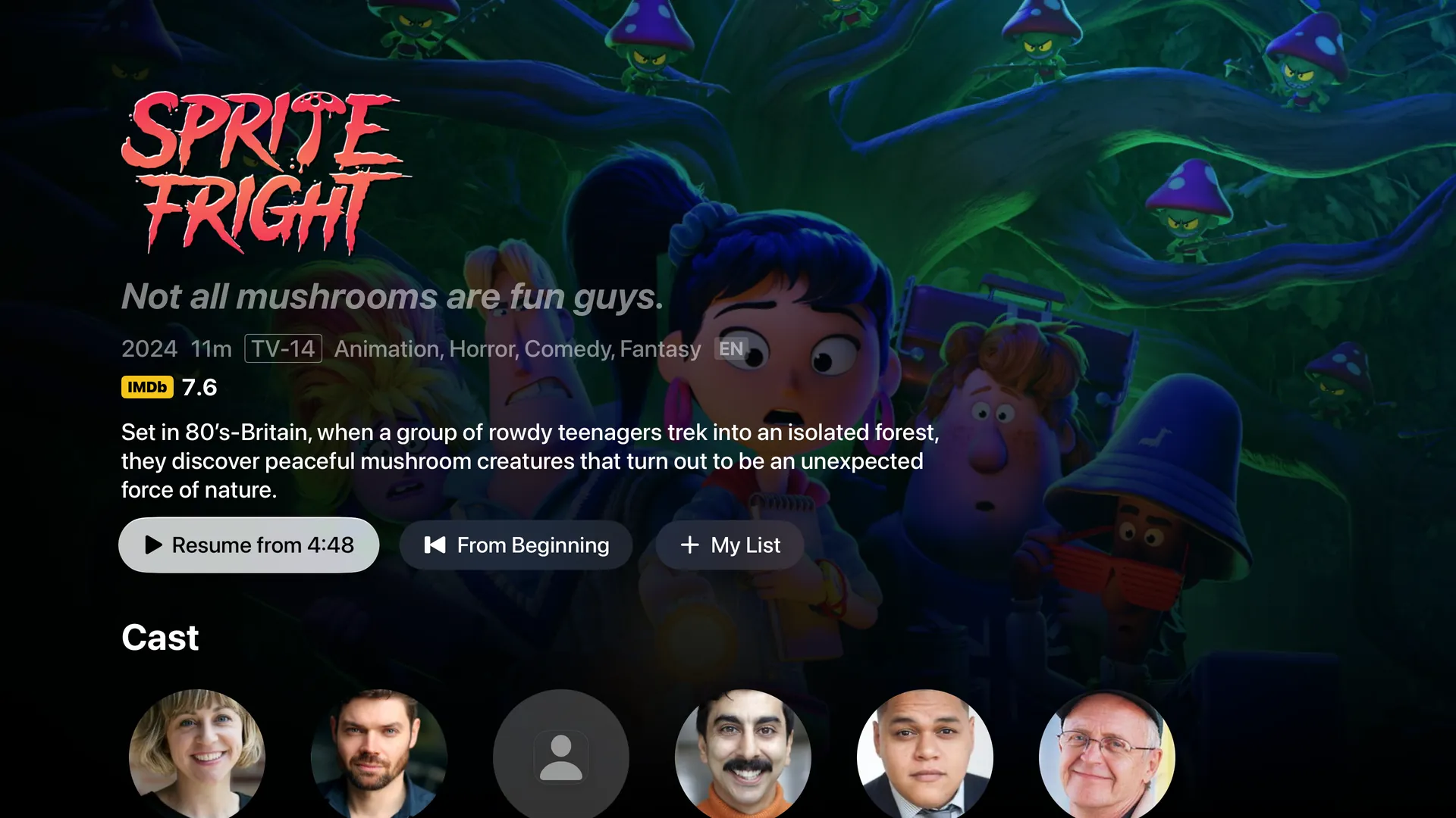 The Sprite Fright page with its logo, tagline, IMDb score, synopsis, resume button and cast
