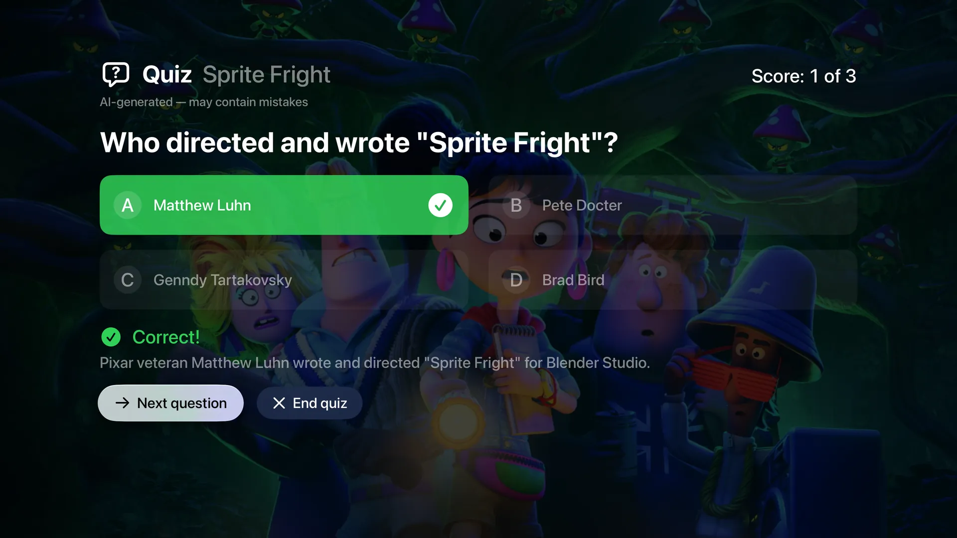 A quiz question about who directed and wrote Sprite Fright, with the right answer, Matthew Luhn, in green