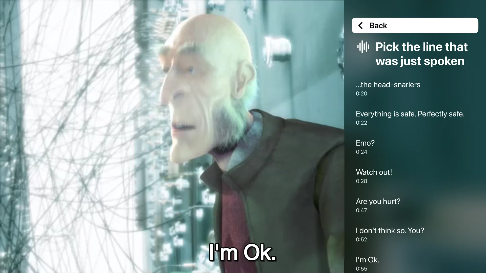 Elephants Dream playing with the subtitle “I’m Ok.” on screen, beside a list of recent lines under “Pick the line that was just spoken”